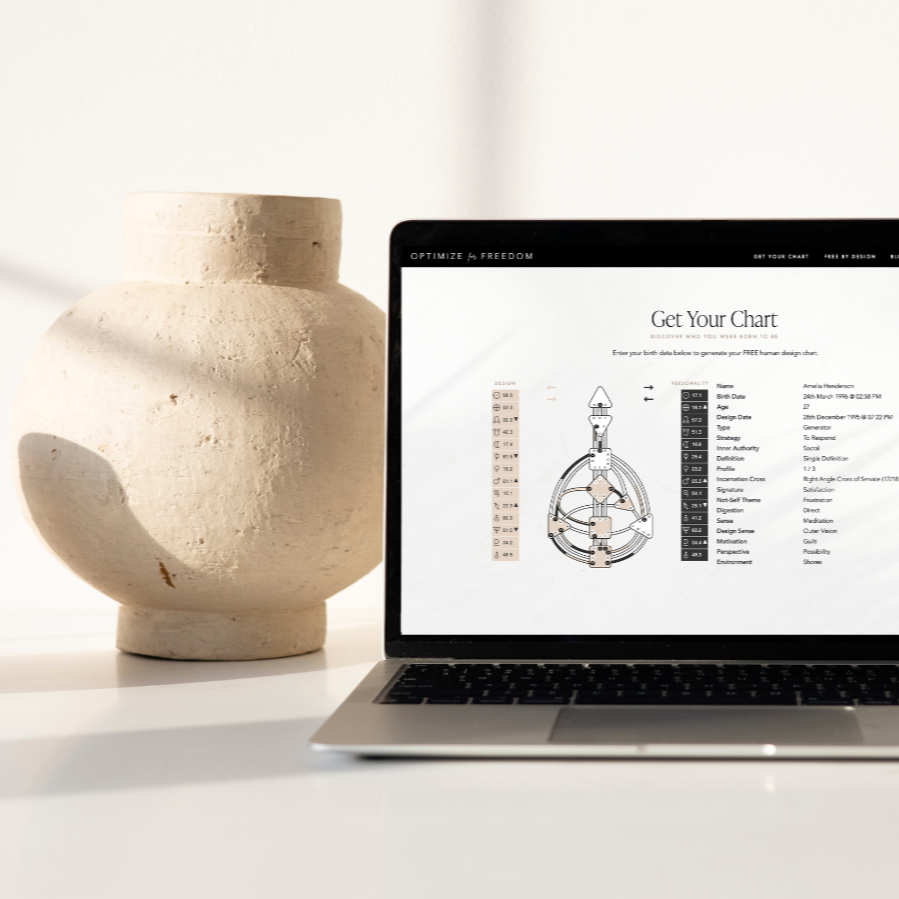 Human design chart setup with vase and laptop