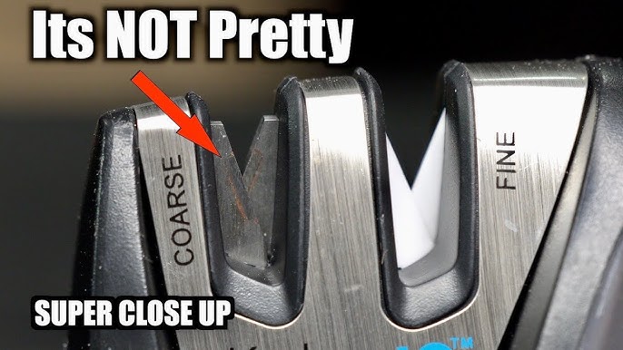 Close-up of pull-through sharpener COARSE and FINE slots