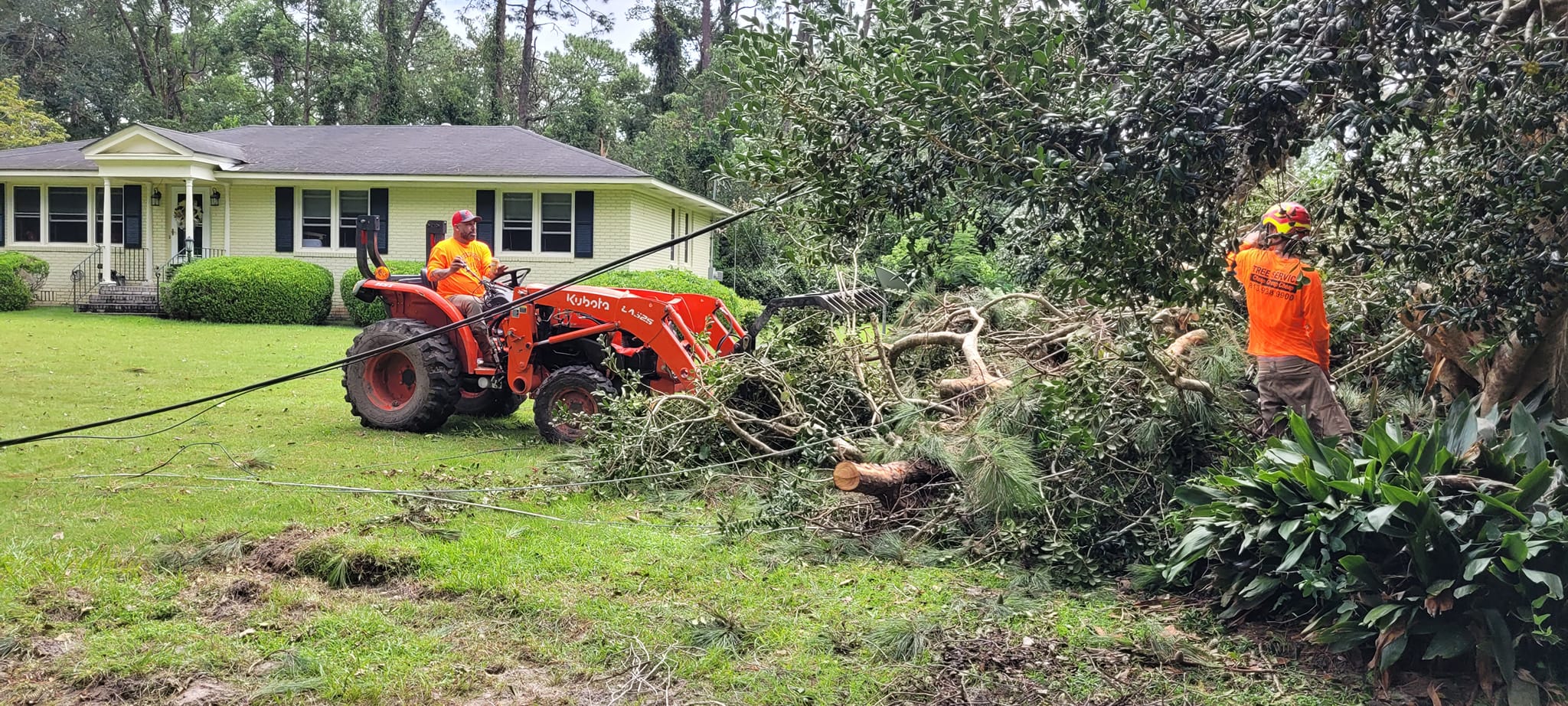 Heights Tree Service team performing debris removal with Kubota tractor