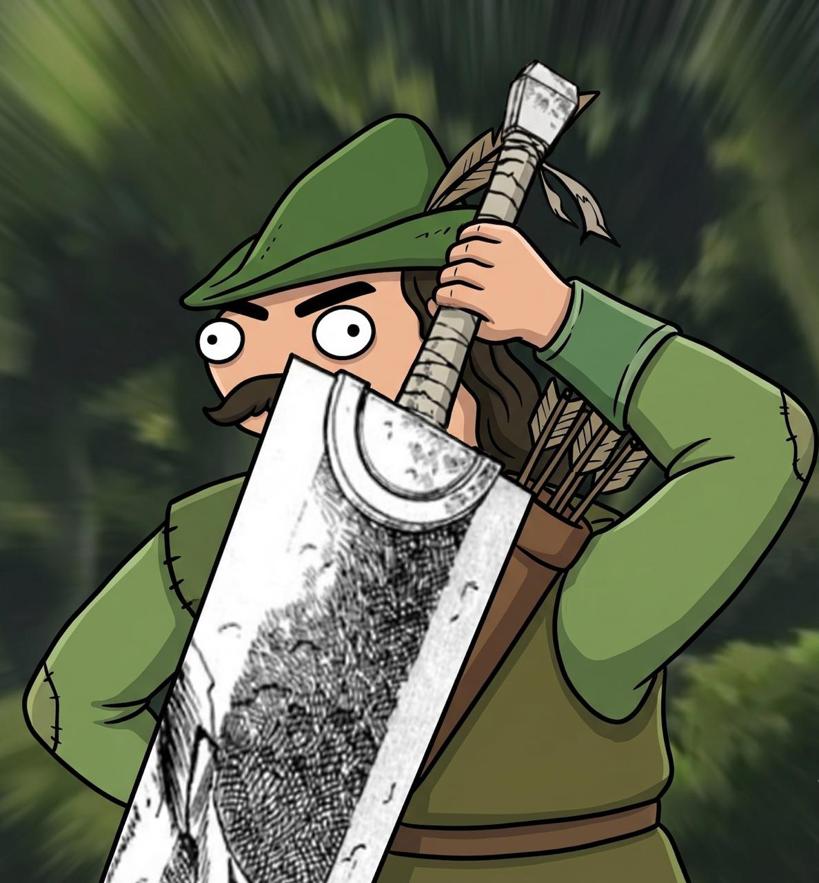 ROBEN HUD holding a giant sword to his face looking absolutely unhinged