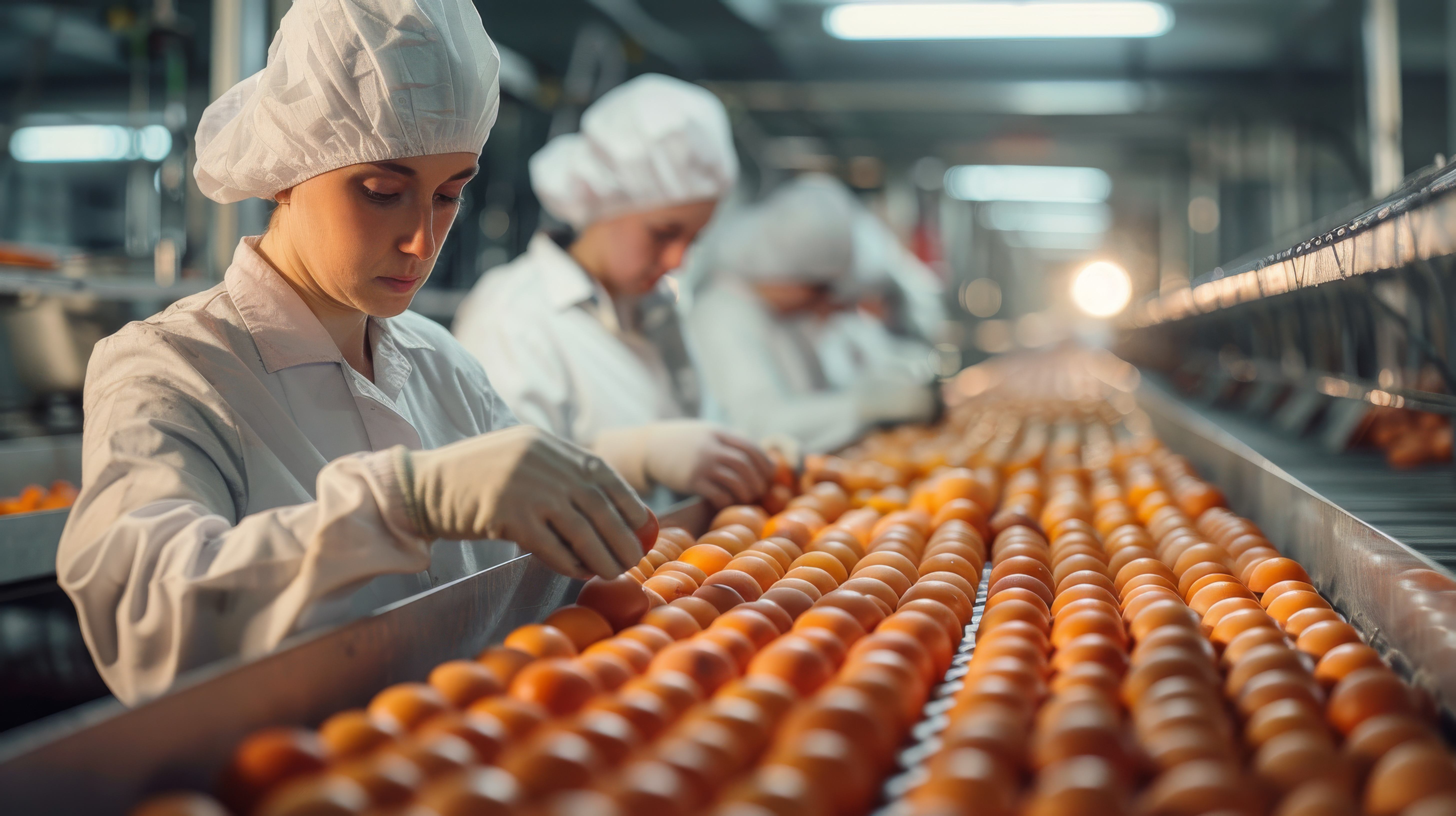 Trabajadores en planta de procesamiento de huevos