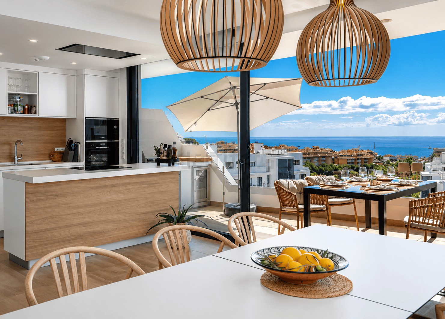 Kitchen and dining area with panoramic Mediterranean views