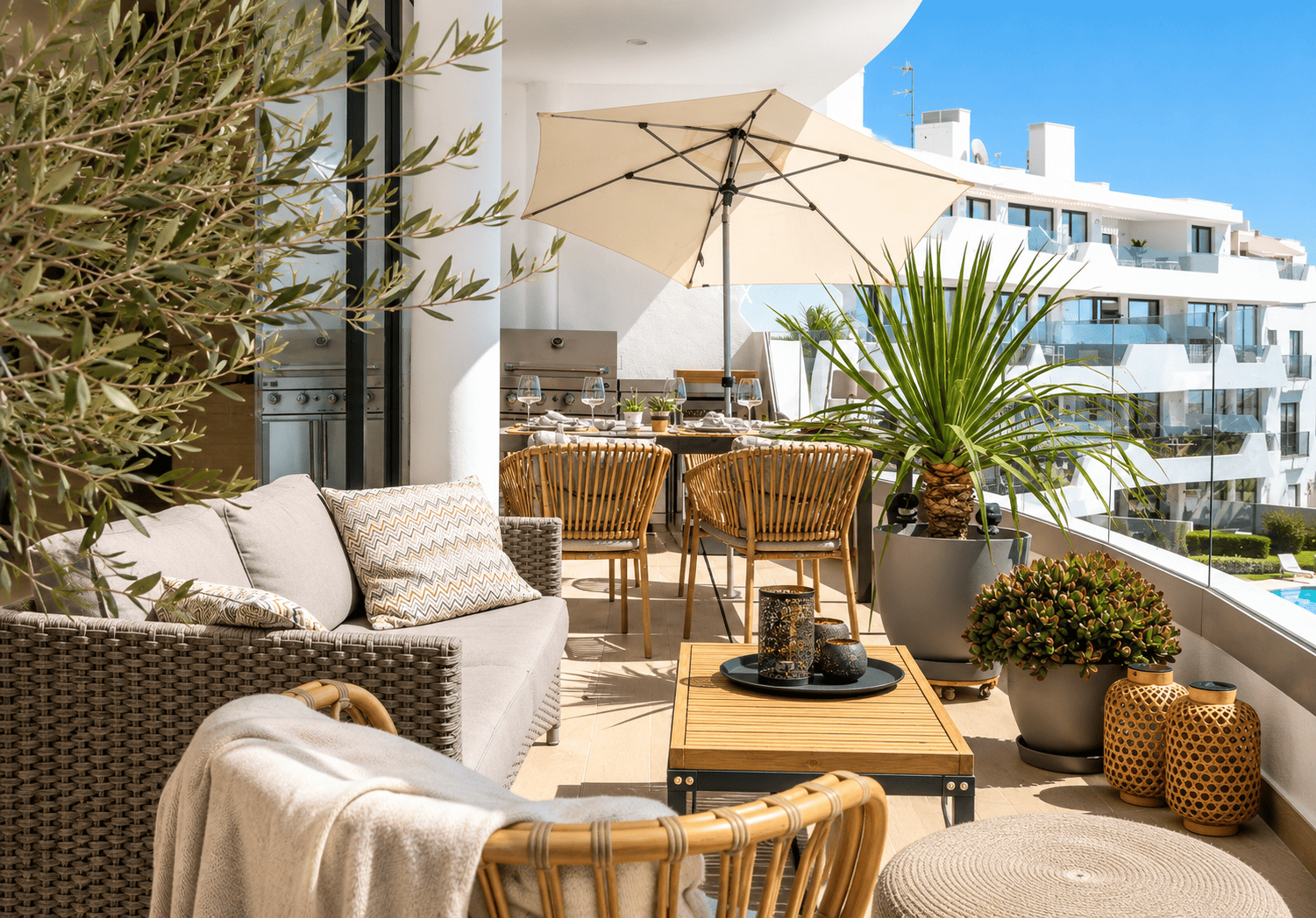Terrace lounge with outdoor dining, BBQ and pool views