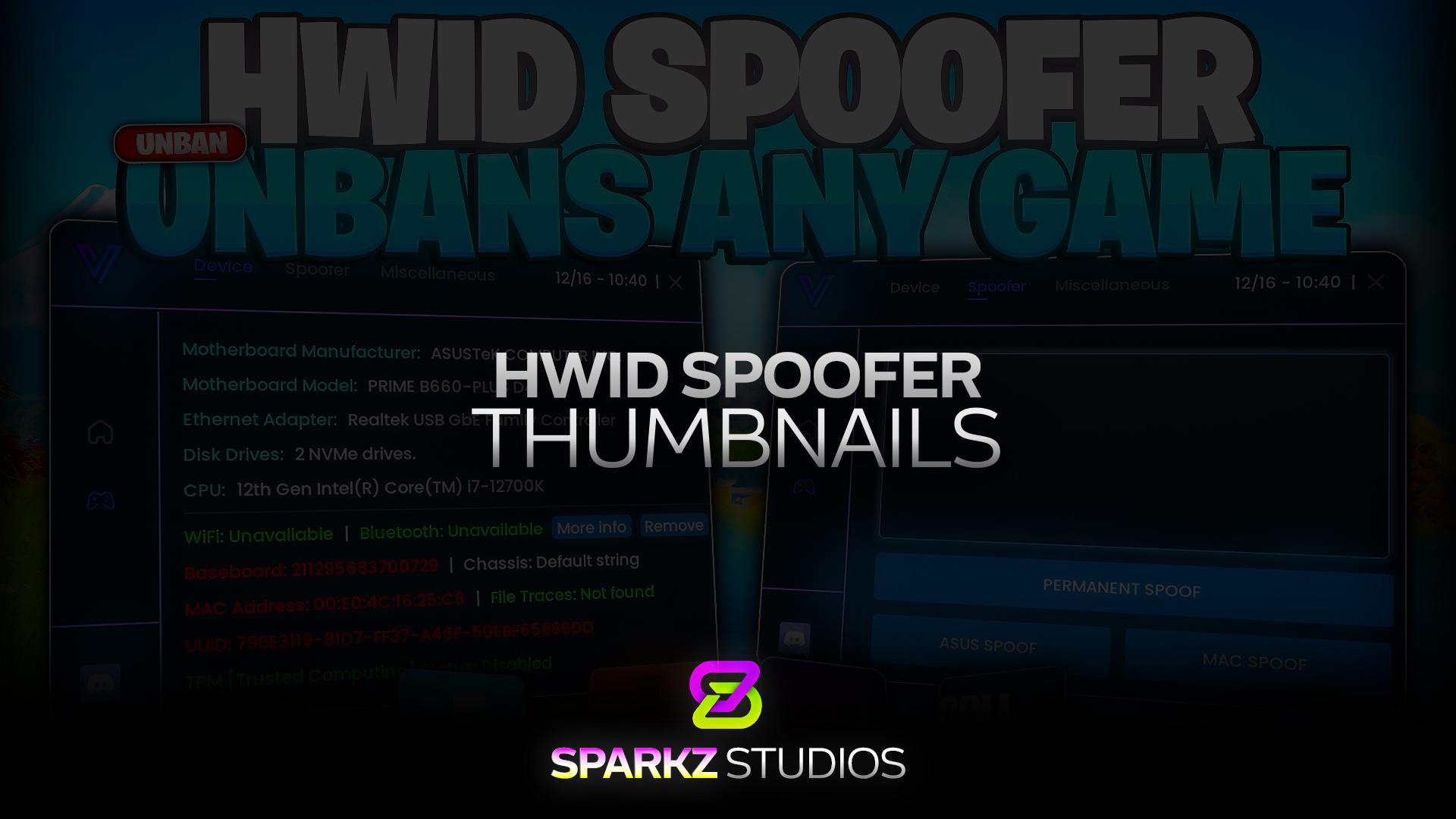 HWID Spoofer thumbnail showcase with bold turquoise lettering and two software interface panels.