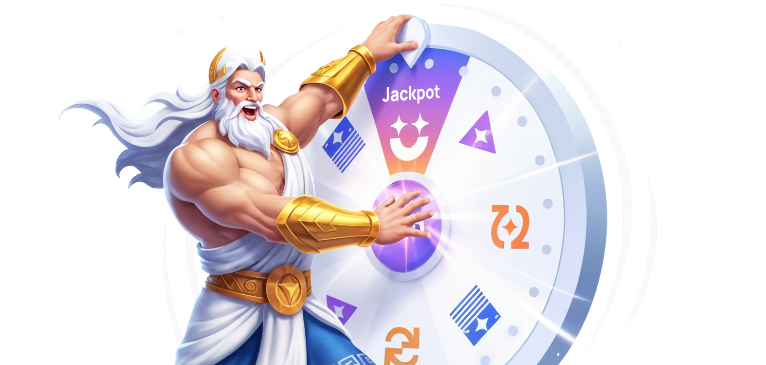 Zeus character with spinning wheel
