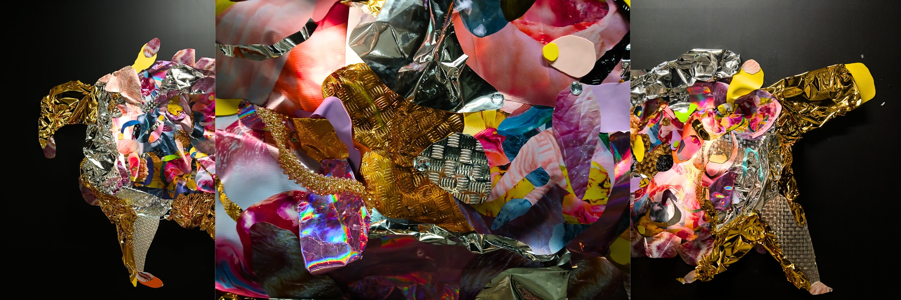 Mixed-media artwork with gold foil sculptural forms, vibrant pink yellow blue overlays, and translucent fabric elements with dramatic lighting