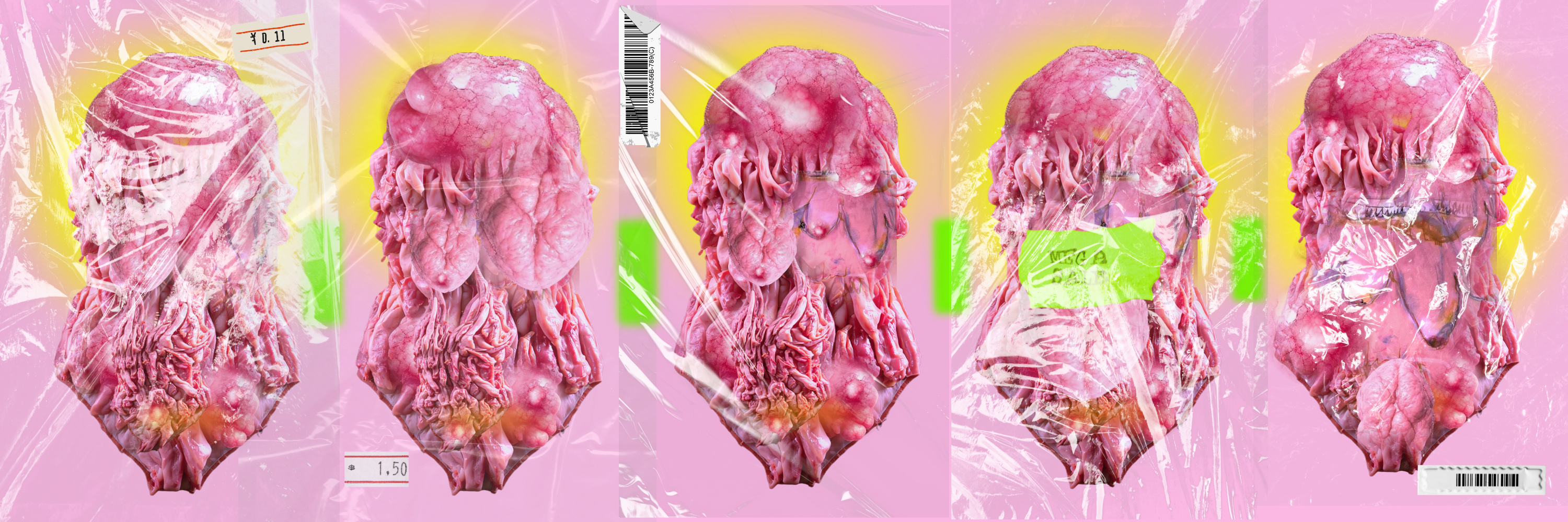 Five-frame sequence of pink sculptural organic forms wrapped in plastic with price tags and barcodes, commodity aesthetic against gradient background with neon yellow accents