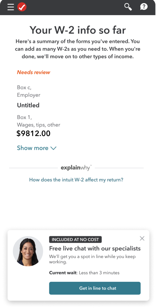 Mobile intervention - W-2 info with chat