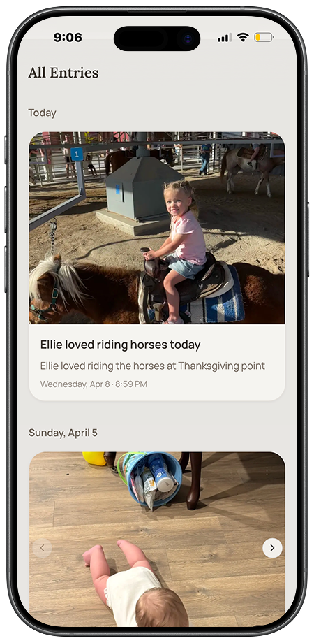 Remhaven app showing memory entries with photos and moments