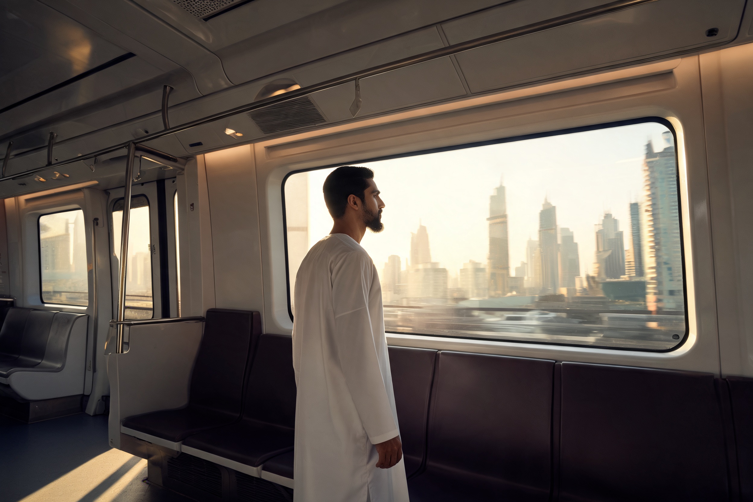 A man in a kandura looking out at the Dubai skyline from the Metro in warm light