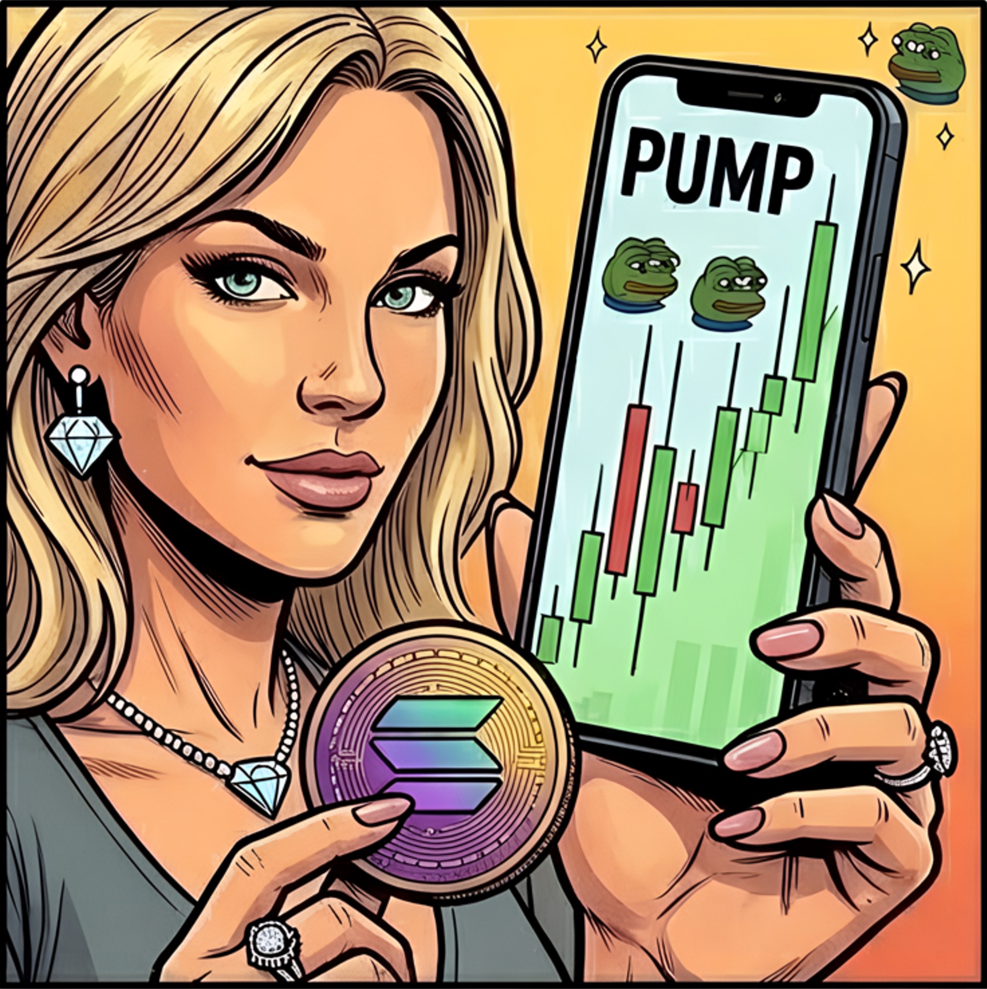 Woman showing PUMP chart with Solana coin