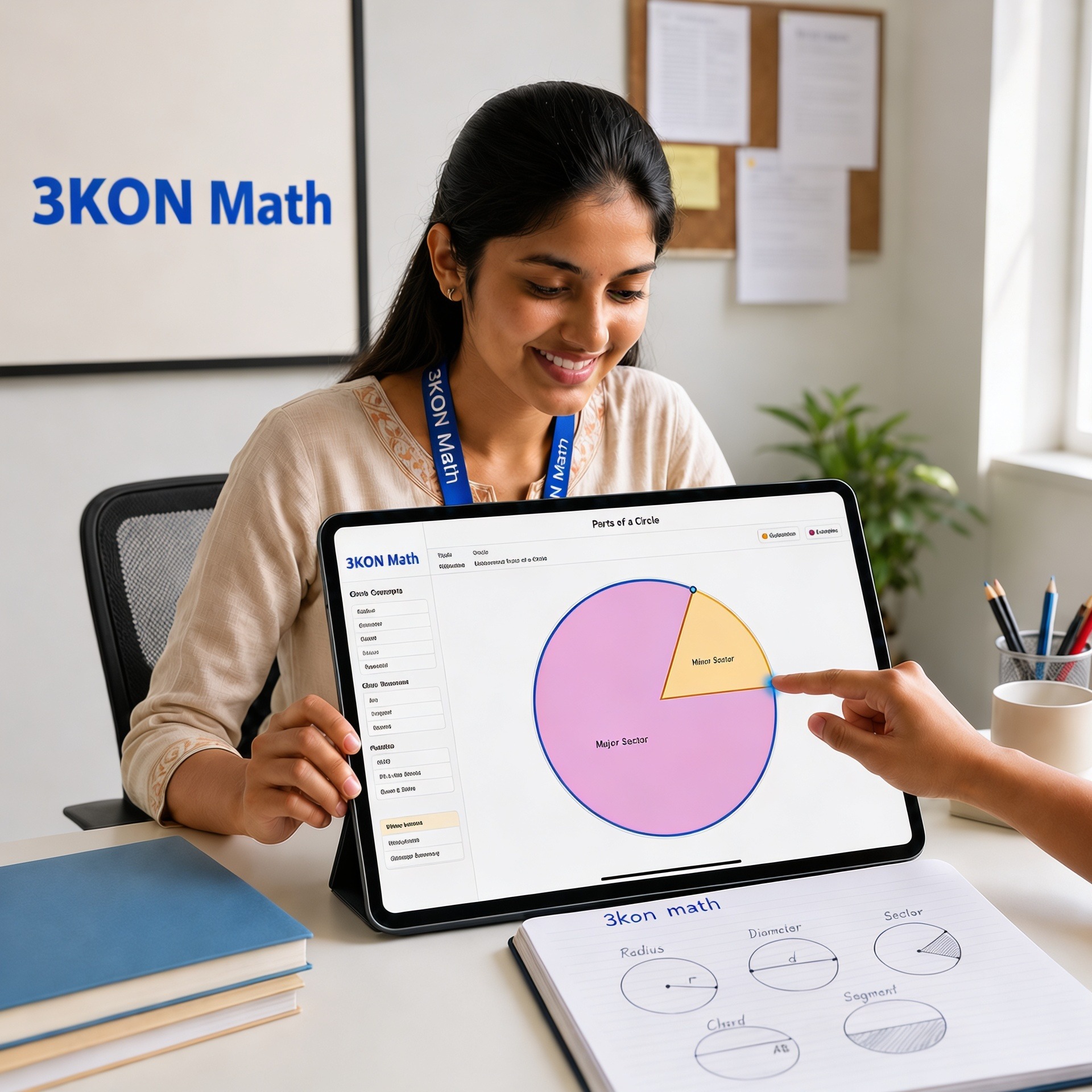 A teacher demonstrating 3KON Math interactive lesson on a tablet showing parts of a circle