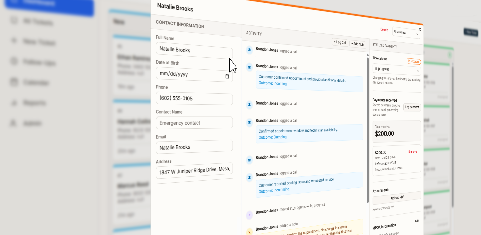 Ticket detail view showing contact information, activity log with call notes, and a status and payments panel