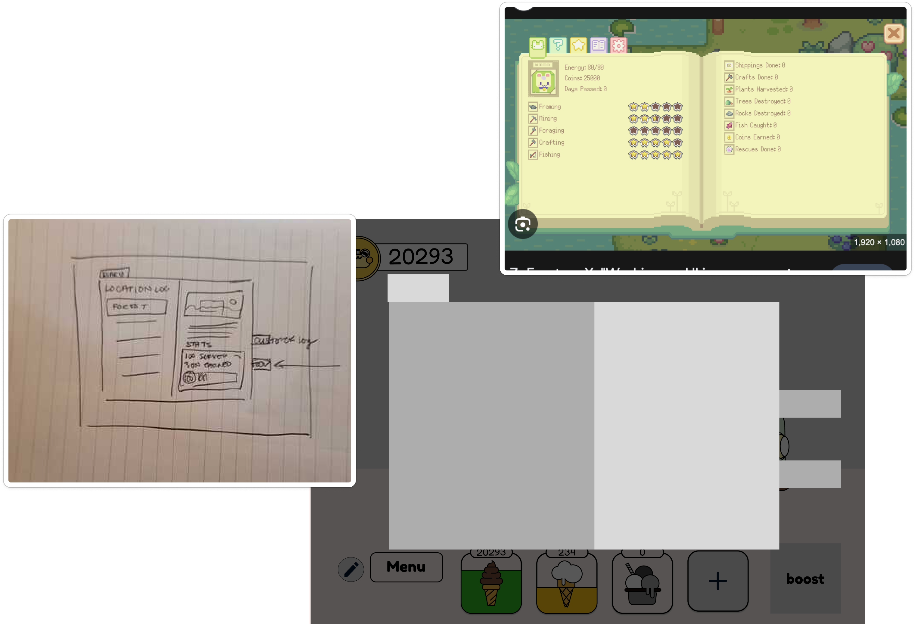 Design process showing paper sketches and wireframes