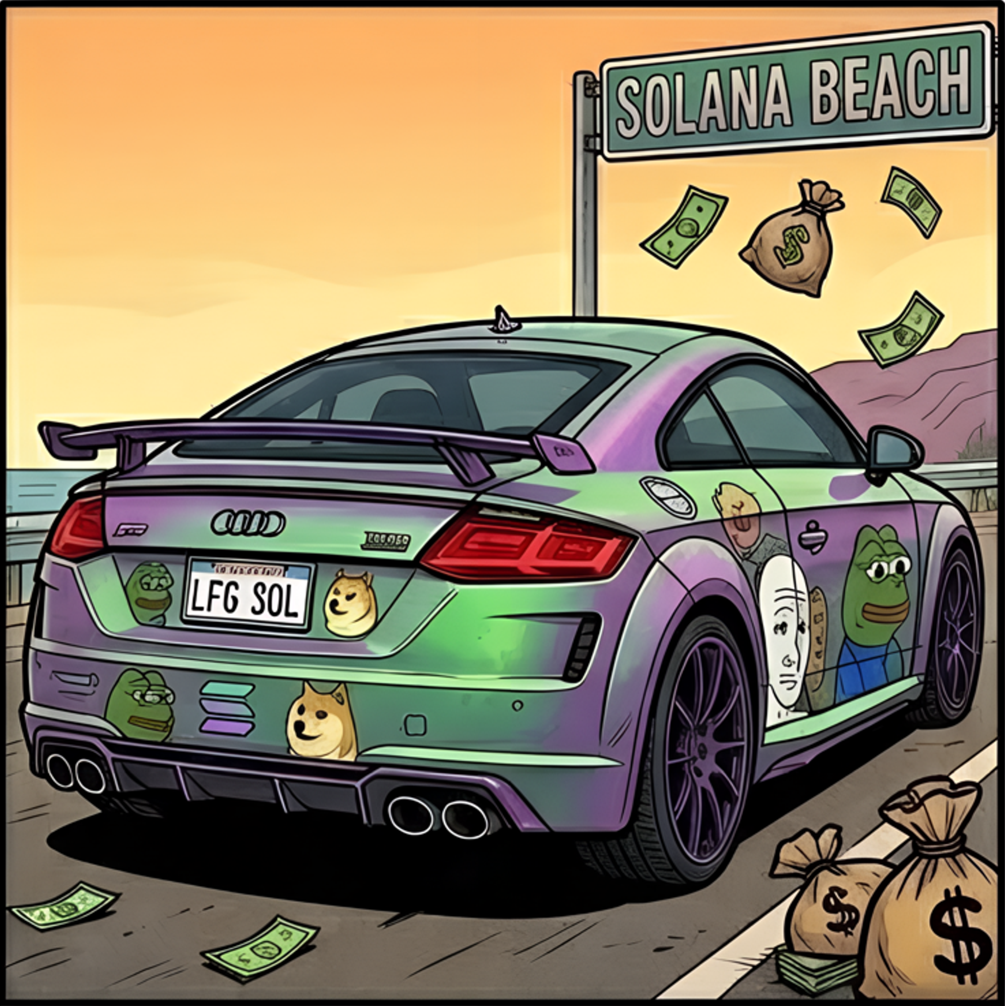 Meme car at Solana Beach with LFG SOL plate