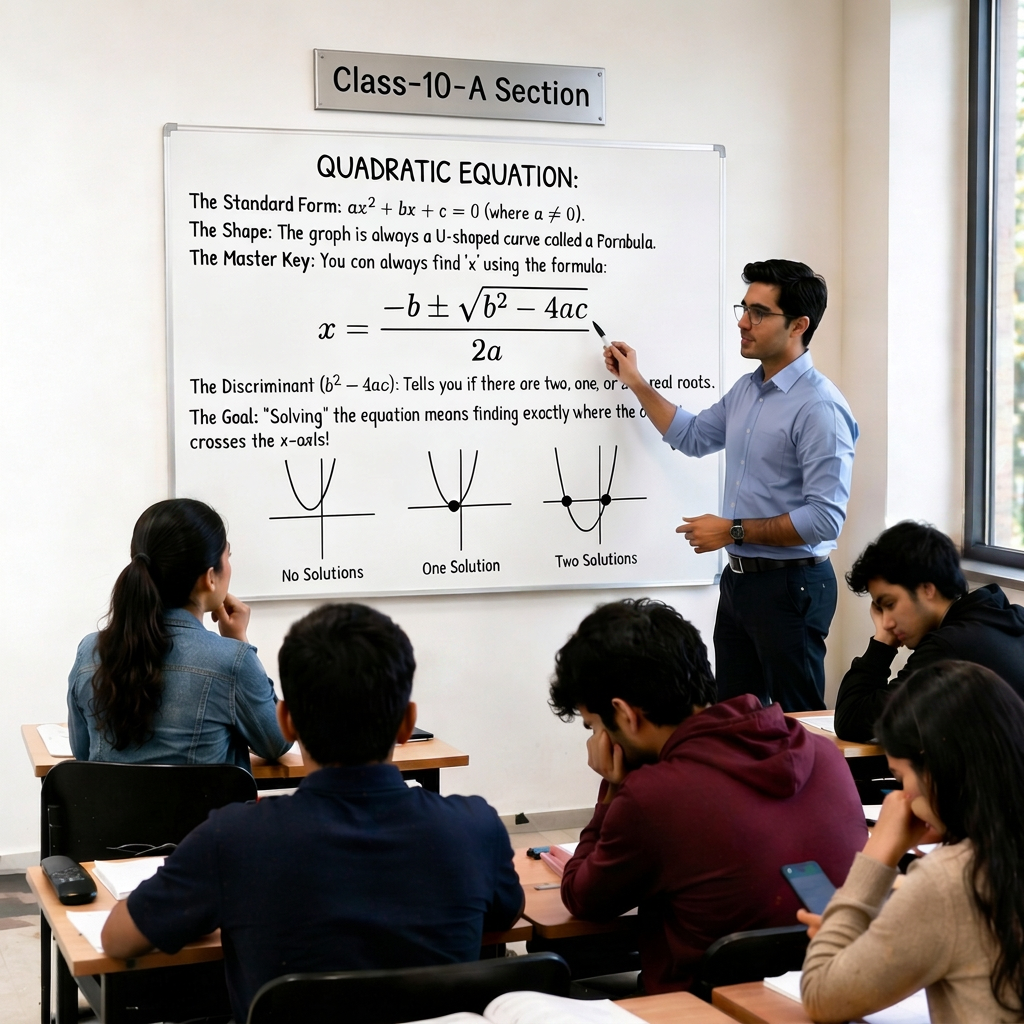 Teacher writing the quadratic formula on a whiteboard while students follow along — illustrating the traditional learning environment.