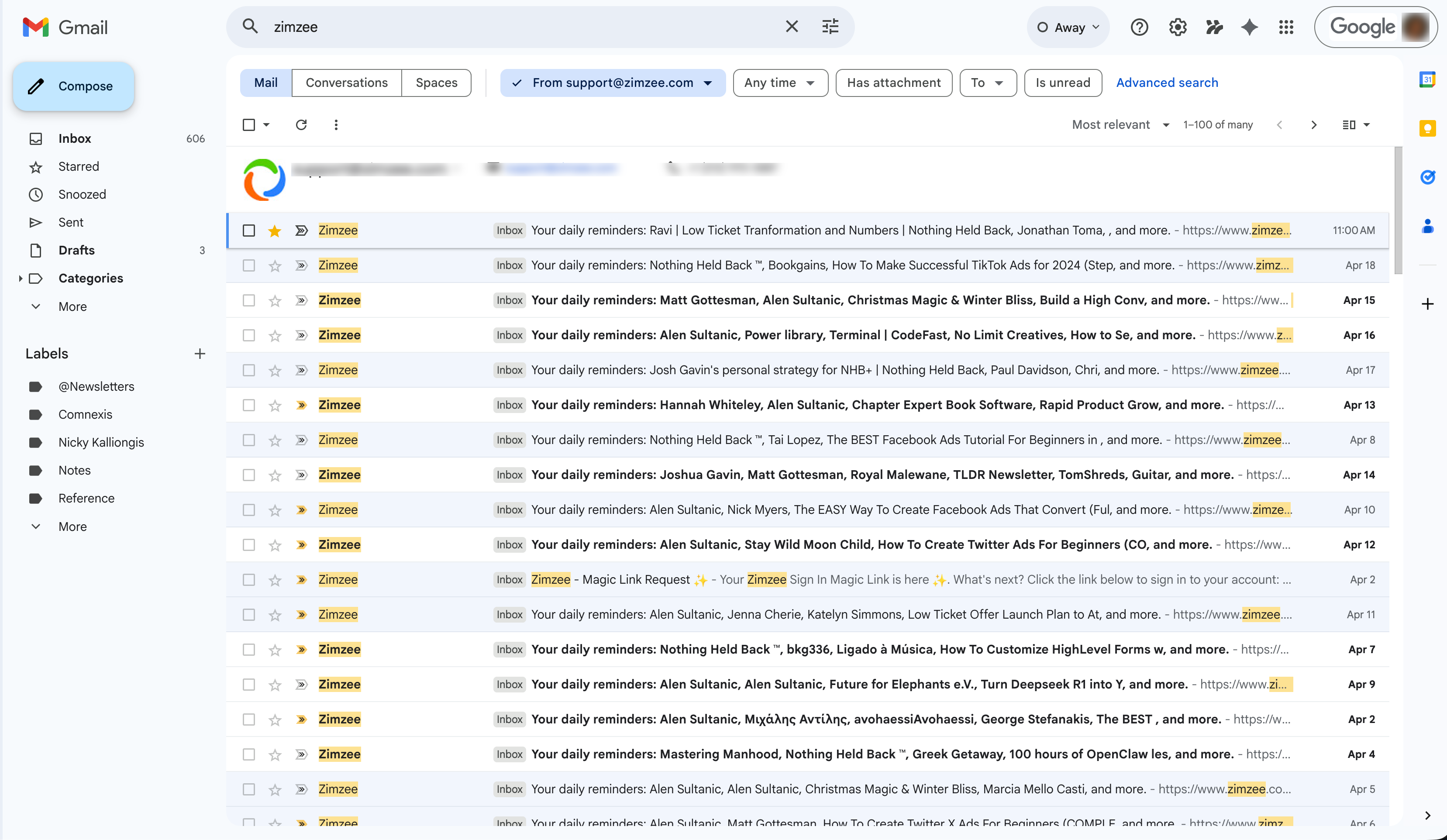 Gmail inbox showing multiple Zimzee daily reminder emails