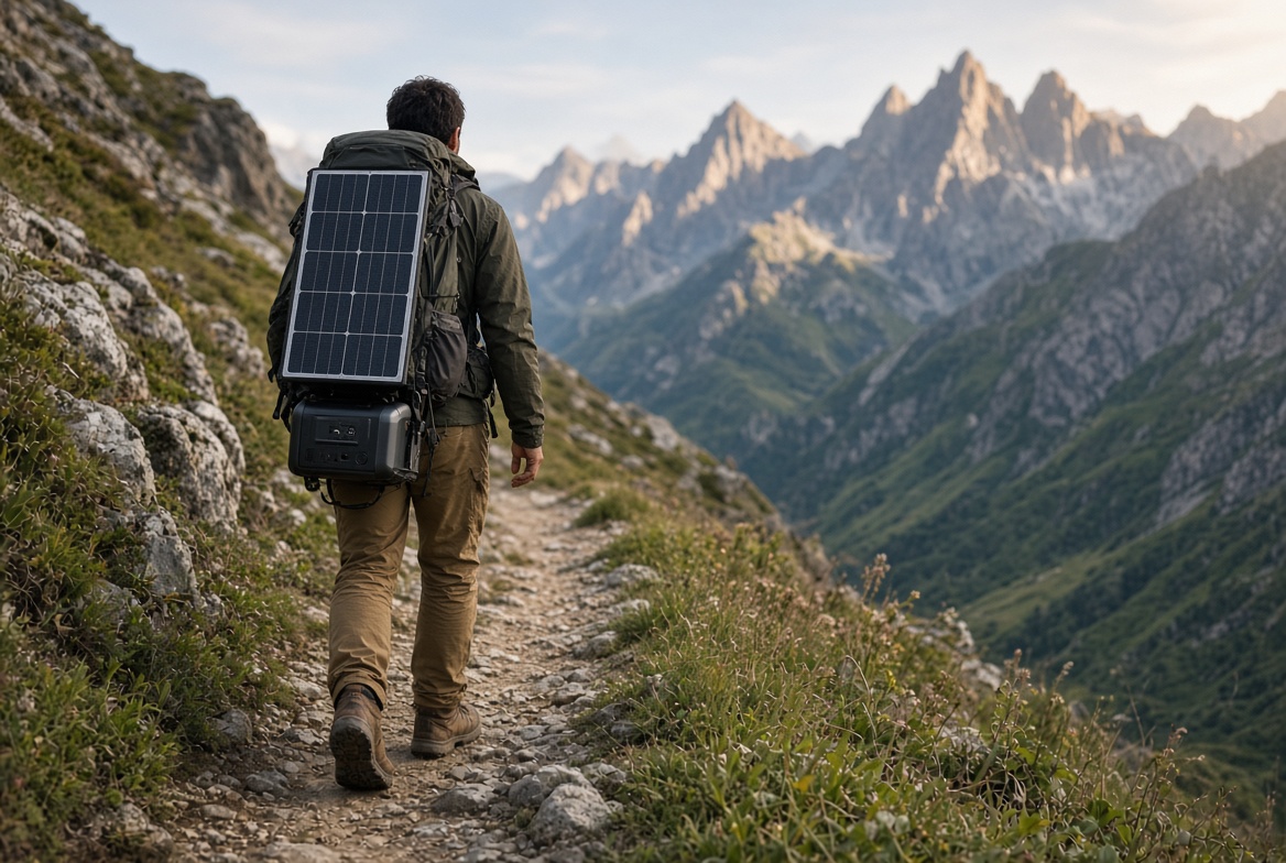 Backpacker with a solar panel and compact power station overlooking a rugged alpine valley