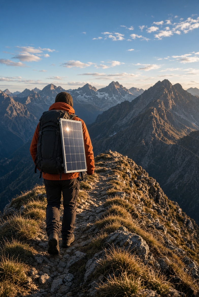 Hiker in an orange jacket carrying a backpack-mounted solar panel along a mountain ridge at sunset