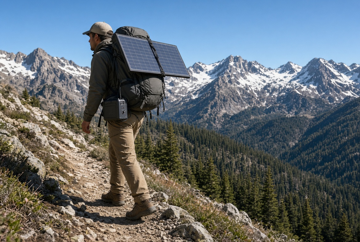 Hiker wearing a folding solar panel on a backpack above a forest and snow-covered mountain peaks