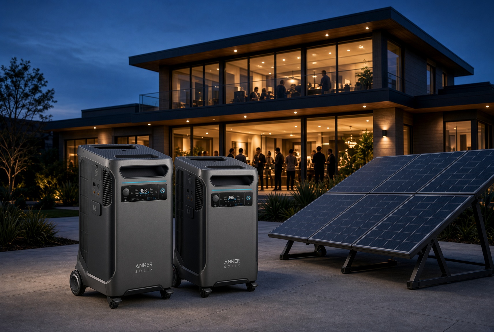 Two Anker SOLIX power stations and folding solar panels outside a warmly lit modern home at dusk