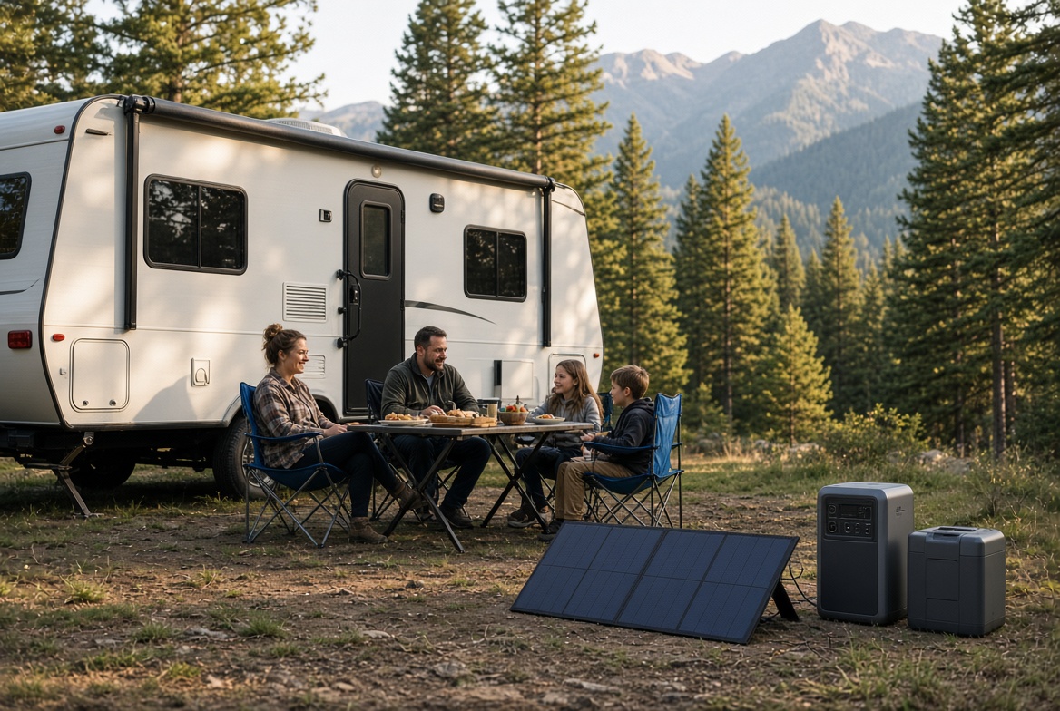 Family sharing a meal beside their camper with a portable solar panel and power stations at a forest campsite