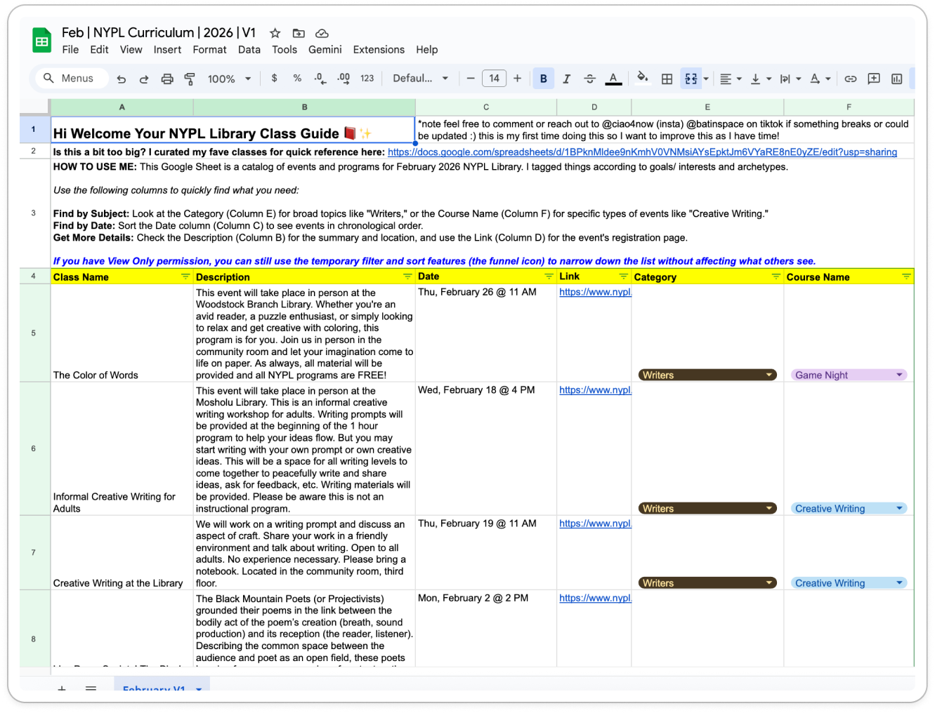 Original Google Sheets solution - Feb NYPL Curriculum 2026 V1 with curated classes, categories, and course names