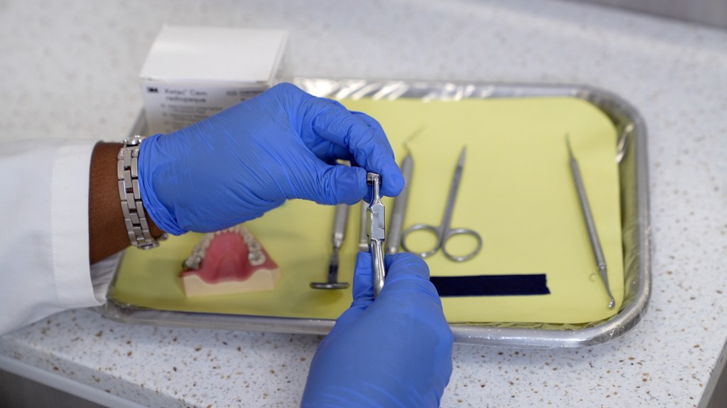 Gloved hands manipulating a matrix clamp instrument over a typodont and tray of dental tools