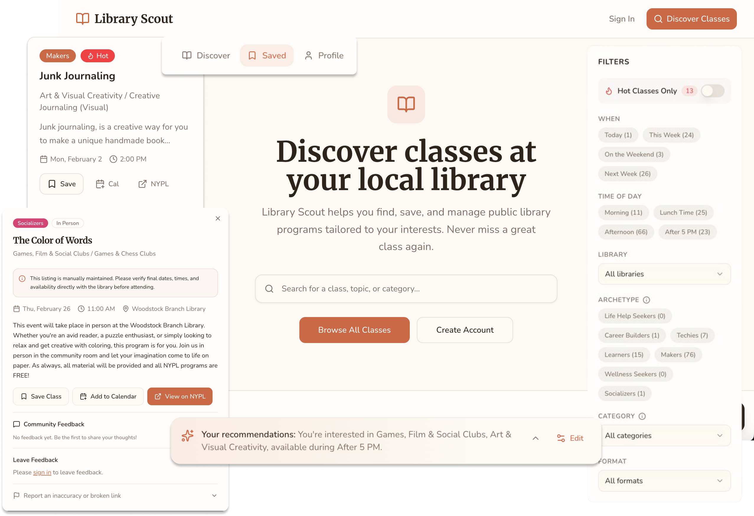 Library Scout full desktop interface showing class discovery, filters, and personalized recommendations