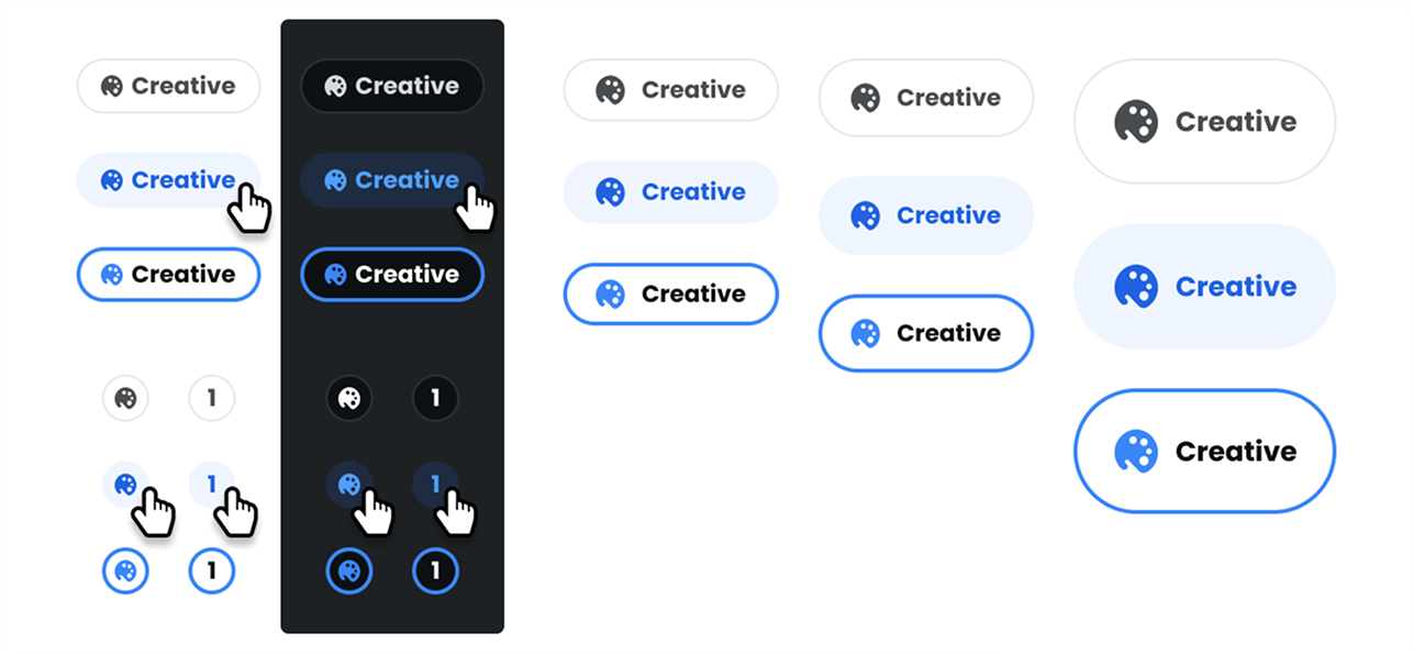 Creative tag and chip components in various sizes, states, and themes including light and dark mode