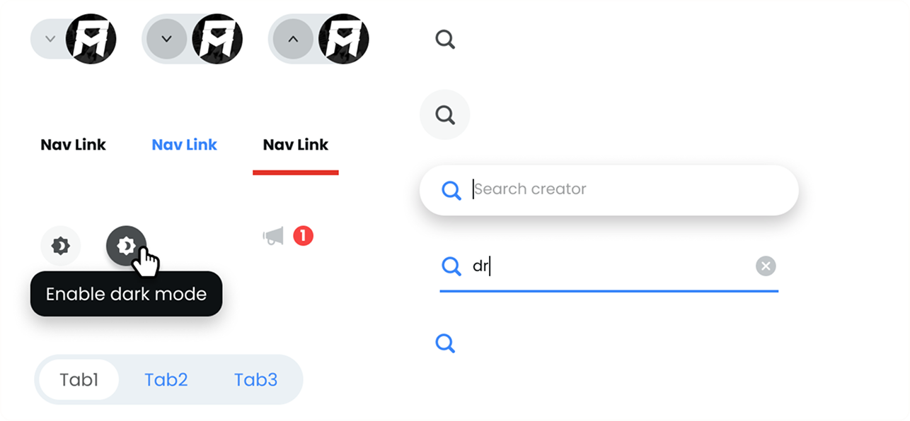 Navigation components including avatar dropdowns, nav links, settings icons, search inputs, and tab components