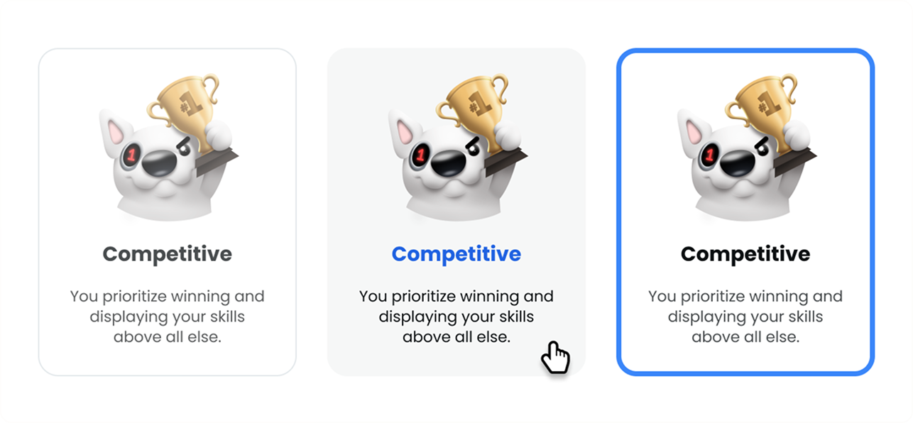 Competitive personality mascot character cards showing default, hover, and selected states