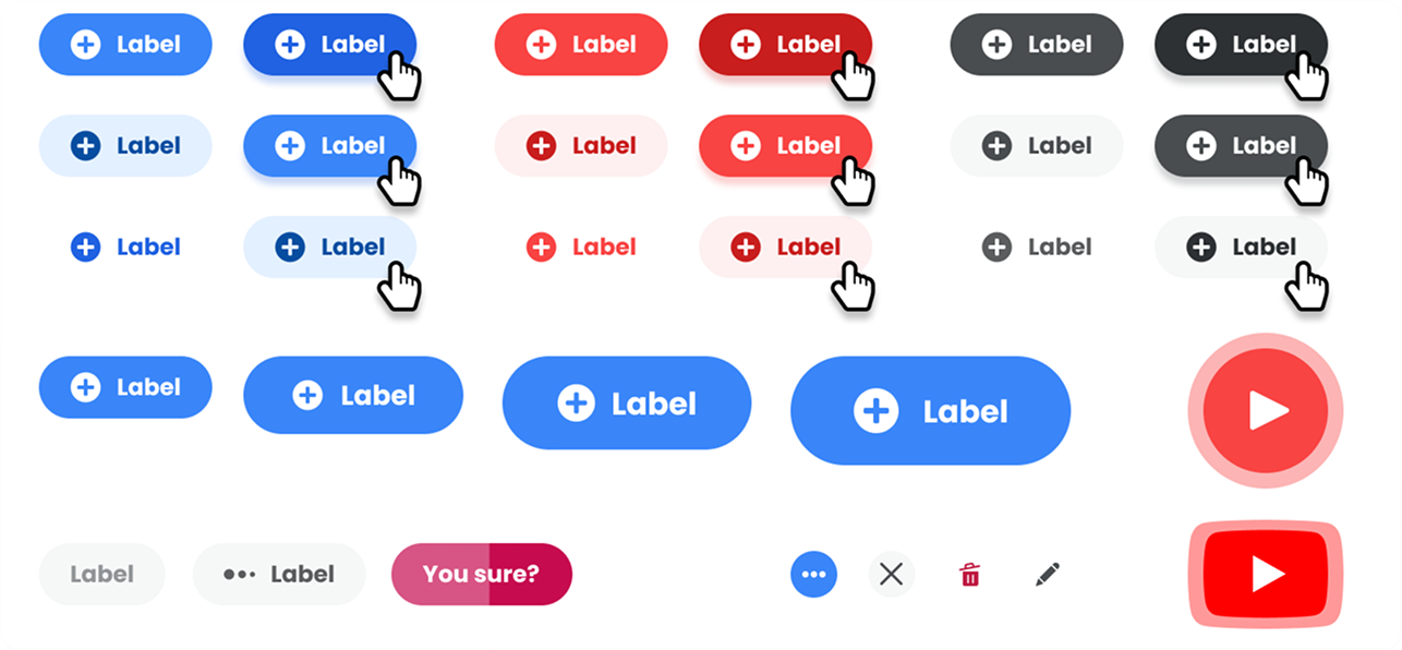 Label and button components in various colors (blue, red, gray) with different sizes and hover states