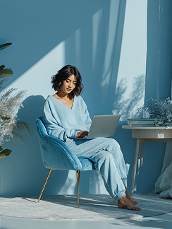 Woman in blue on armchair