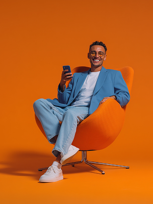 Blue suit, orange bg