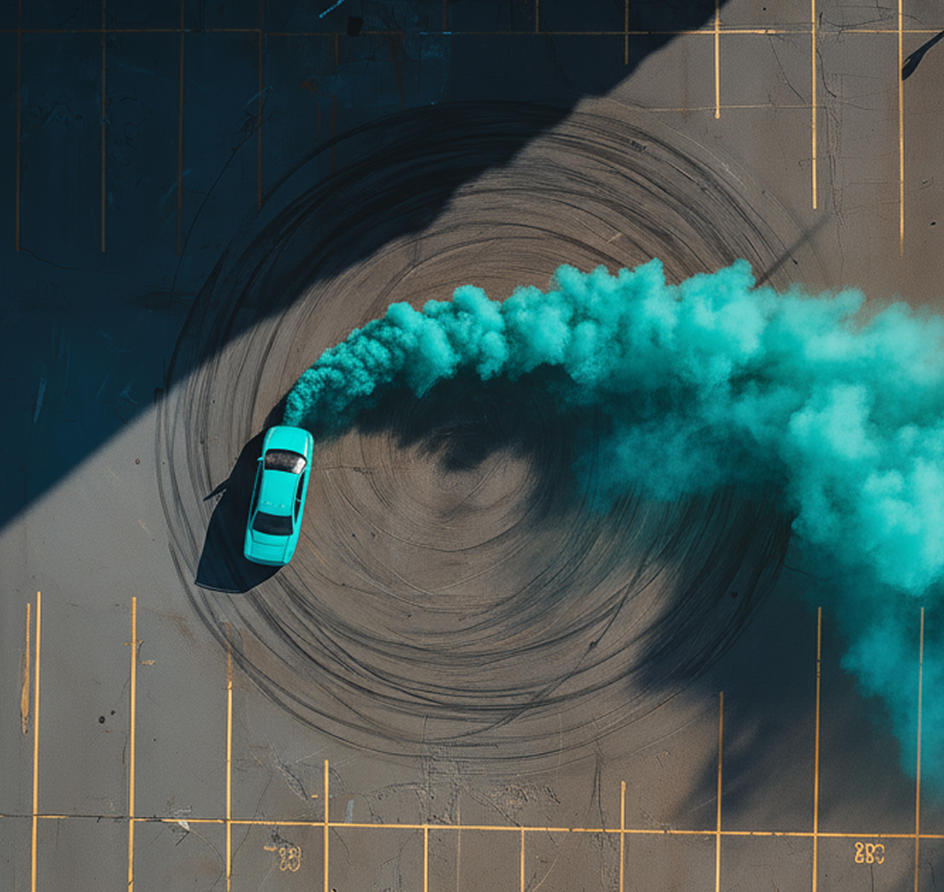 Cyan car drifting, aerial view