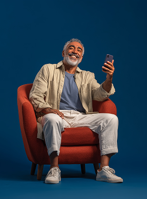 Beige on red chair, blue bg