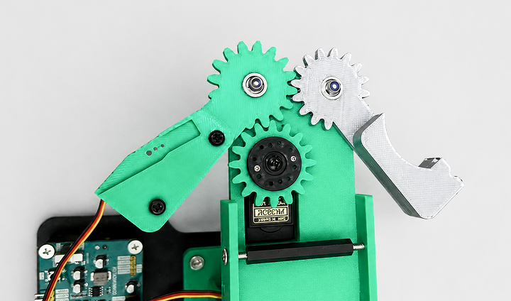 Close-up of Snipit gear mechanism showing precision engineering and servo integration
