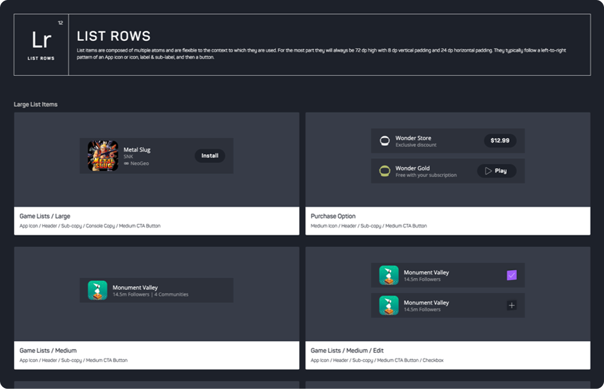 Wonder LIST ROWS - game list items and purchase options