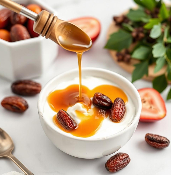 Date syrup drizzled on yogurt