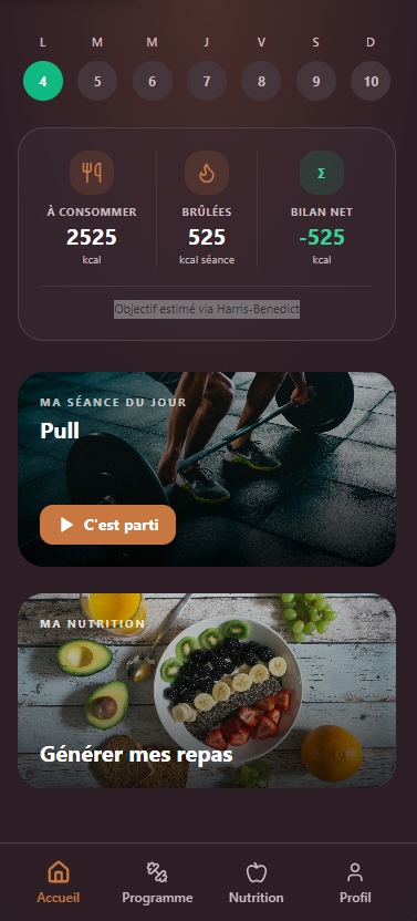 Xform Accueil - Dashboard avec suivi calories et séances