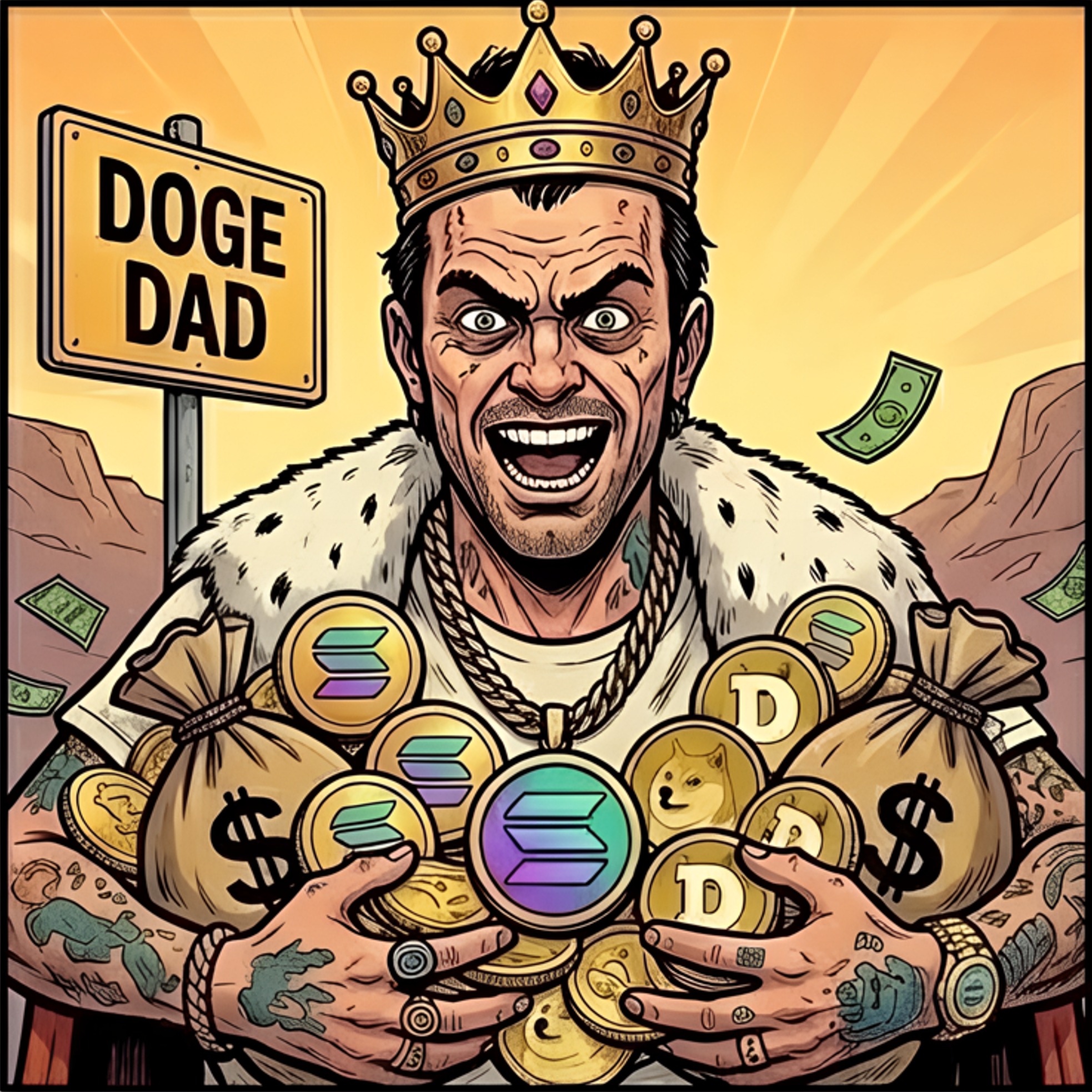 Crypto king with Solana and Doge coins and crown