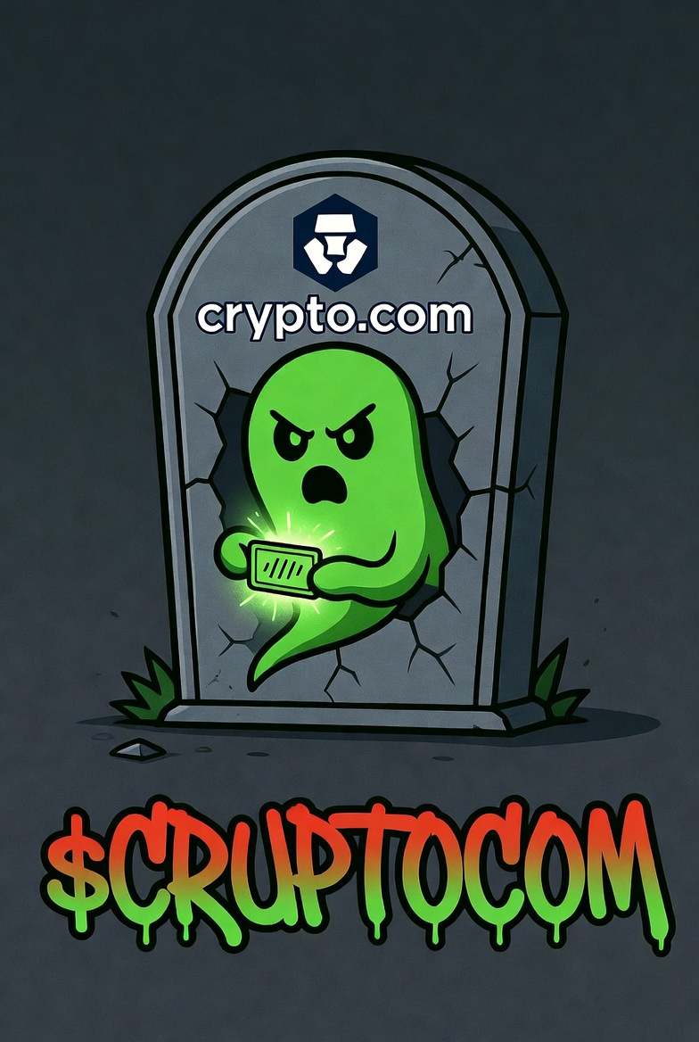 Ghost breaking through crypto.com tombstone — $CRUPTOCOM logo