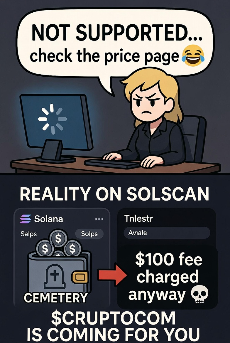 Two-panel meme: NPC Karen says NOT SUPPORTED, reality on Solscan shows $100 fee charged anyway with cemetery wallet