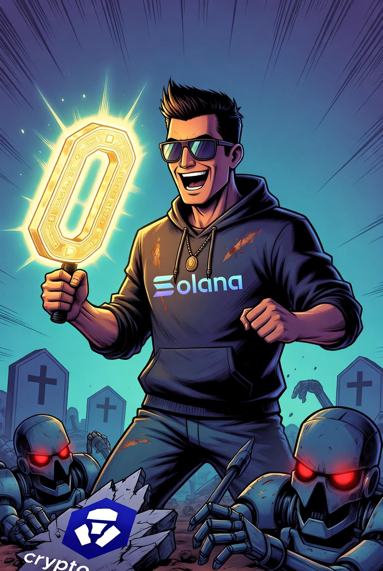 TX Chad — Solana hoodie hero holding a glowing chain, triumphing over defeated crypto.com robots