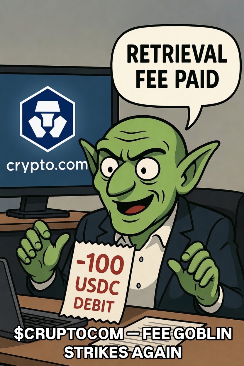 Fee Goblin at crypto.com desk holding -100 USDC debit receipt saying Retrieval Fee Paid
