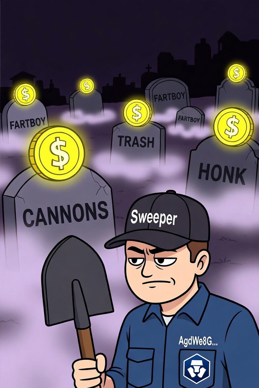 Sweeper Chad standing in graveyard of dead memecoins — Crypto.com uniform, shovel in hand