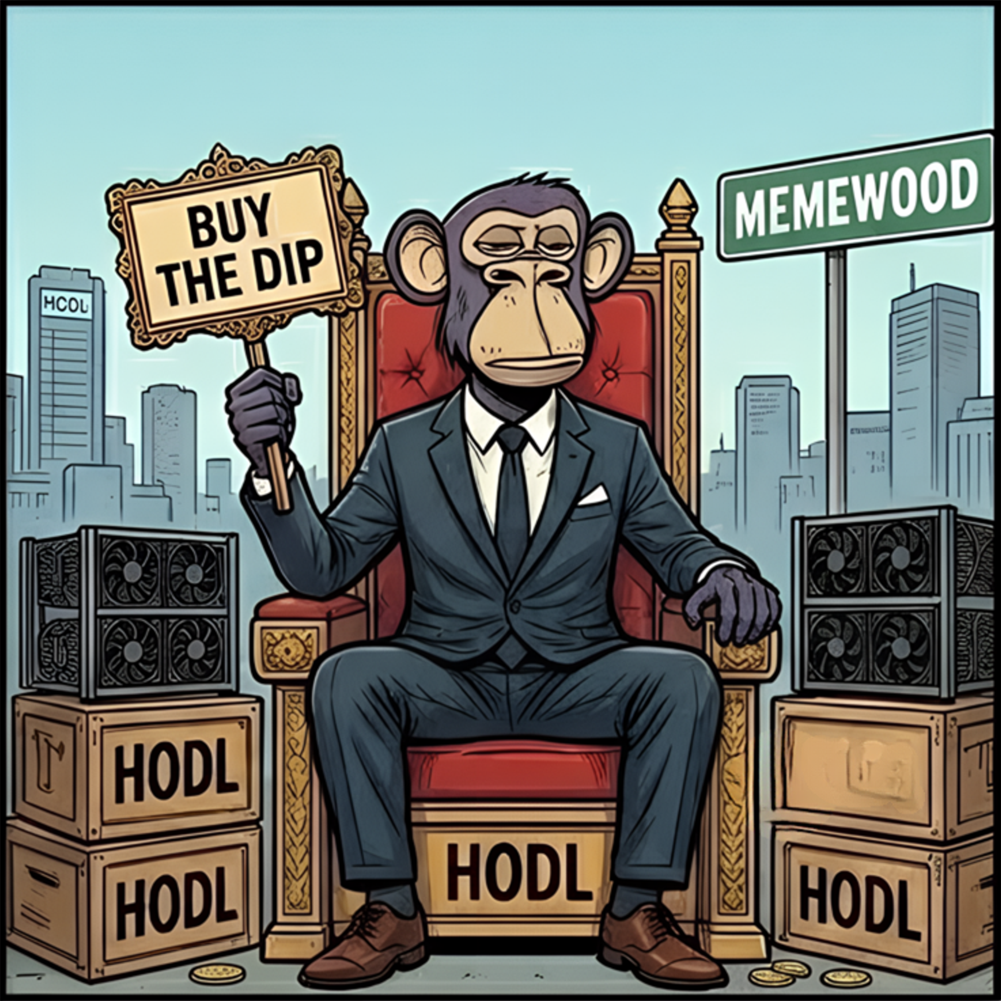 Monkey in suit on throne with HODL boxes