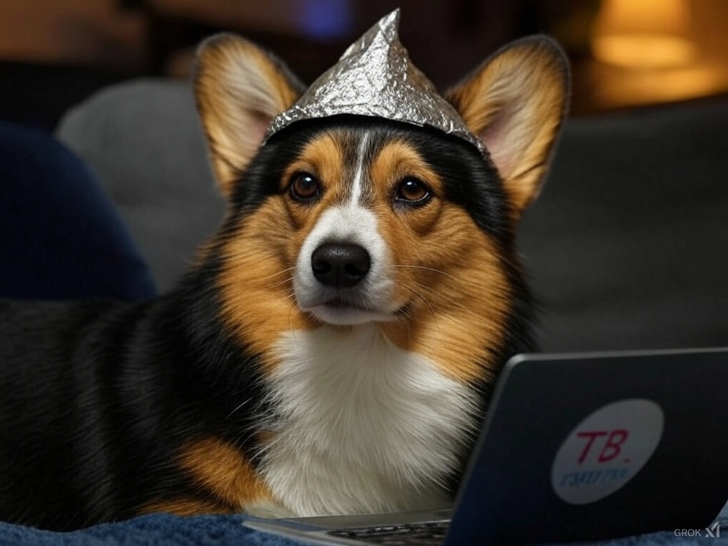 Conspiracy Corgi investigating on laptop with tin foil hat