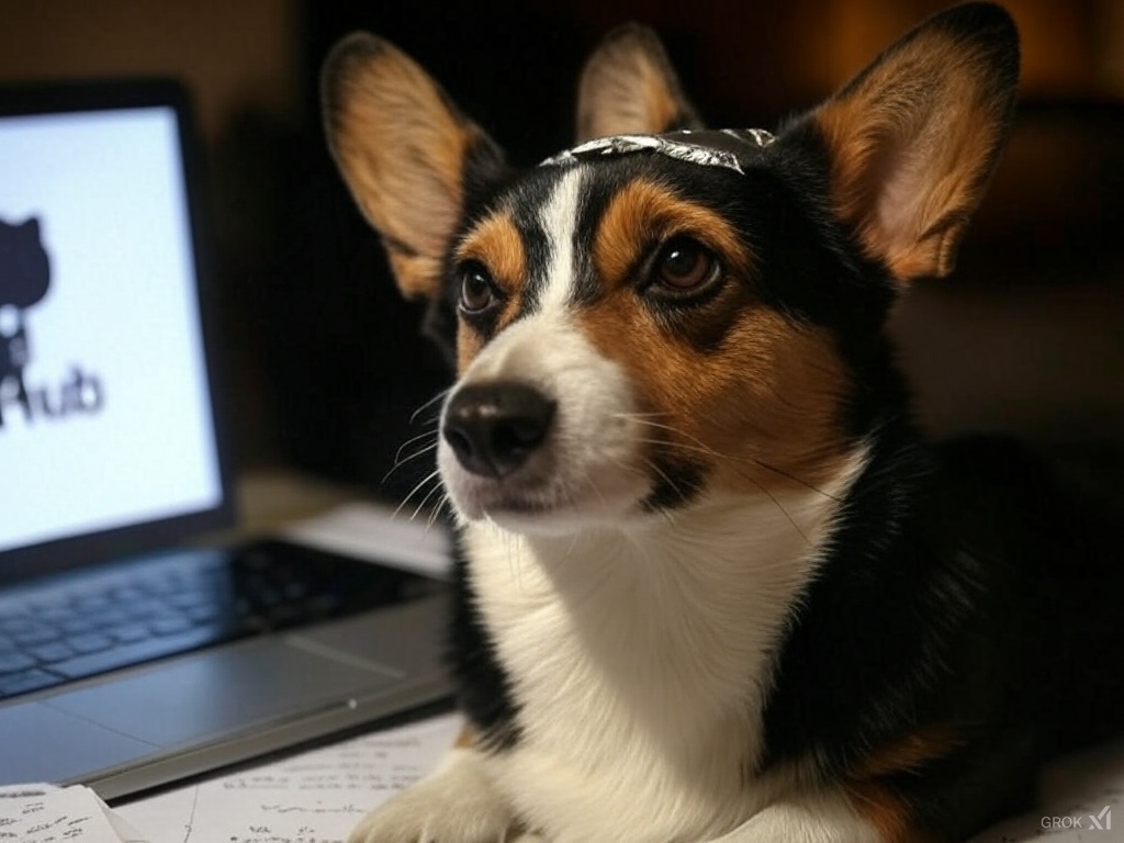 Conspiracy Corgi studying documents with tin foil protection